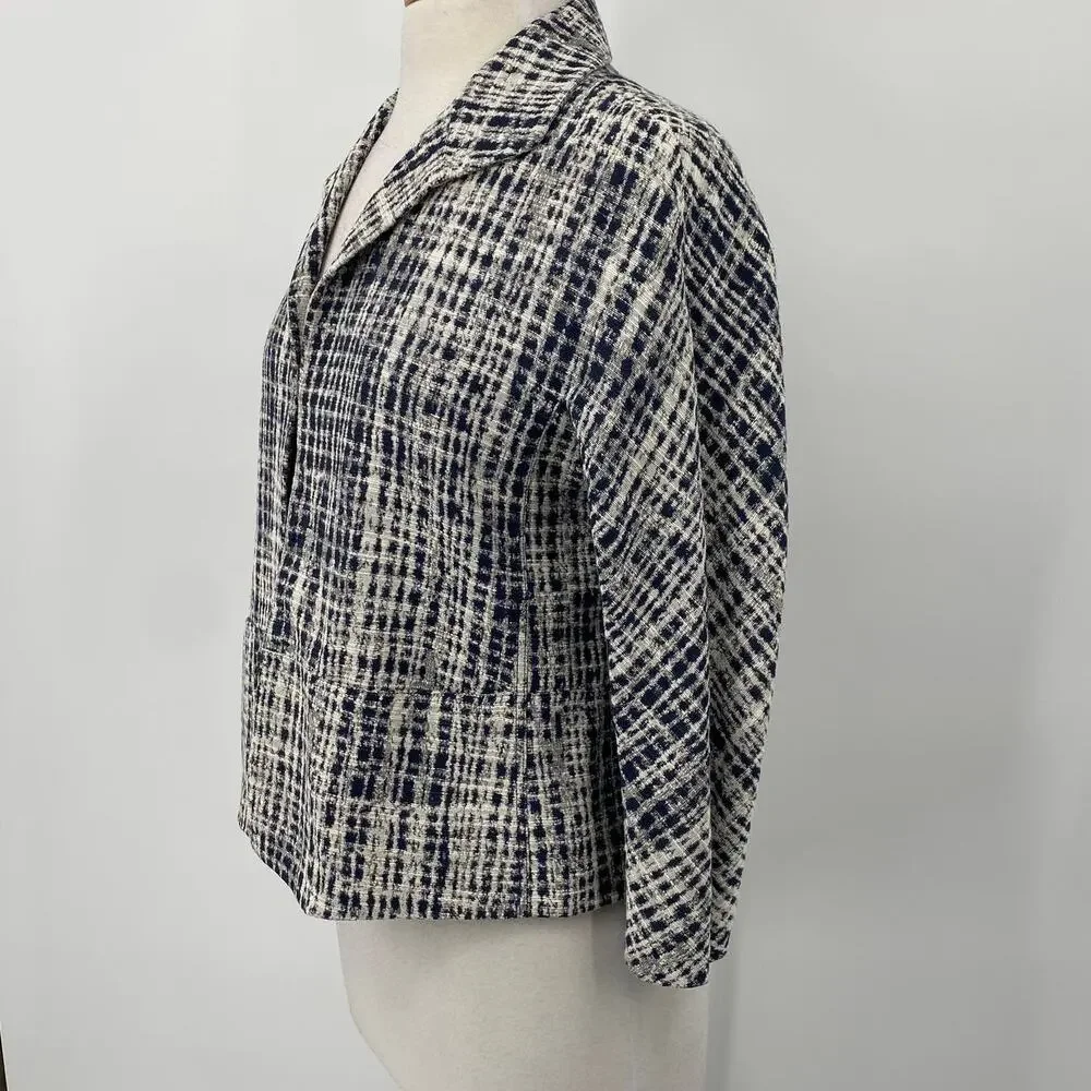 Lafayette 148 Blazer Textured Woven Abstract Plaid Check Pattern Navy Cream S